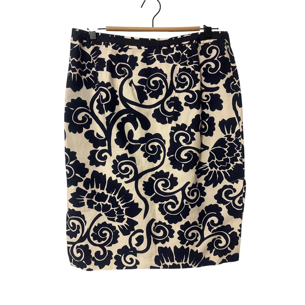 TORY BURCH PENCIL SKIRT SLITS PRINTED TWILL WALLPAPER FLORAL NAVY CREAM SZ US 6 - Picture 3 of 10